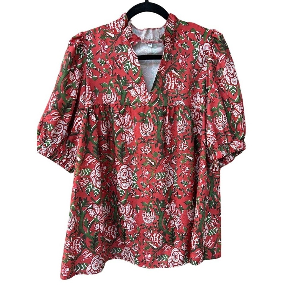 Womens Red Floral Print Puff Sleeve Mock Neck Tunic Top M